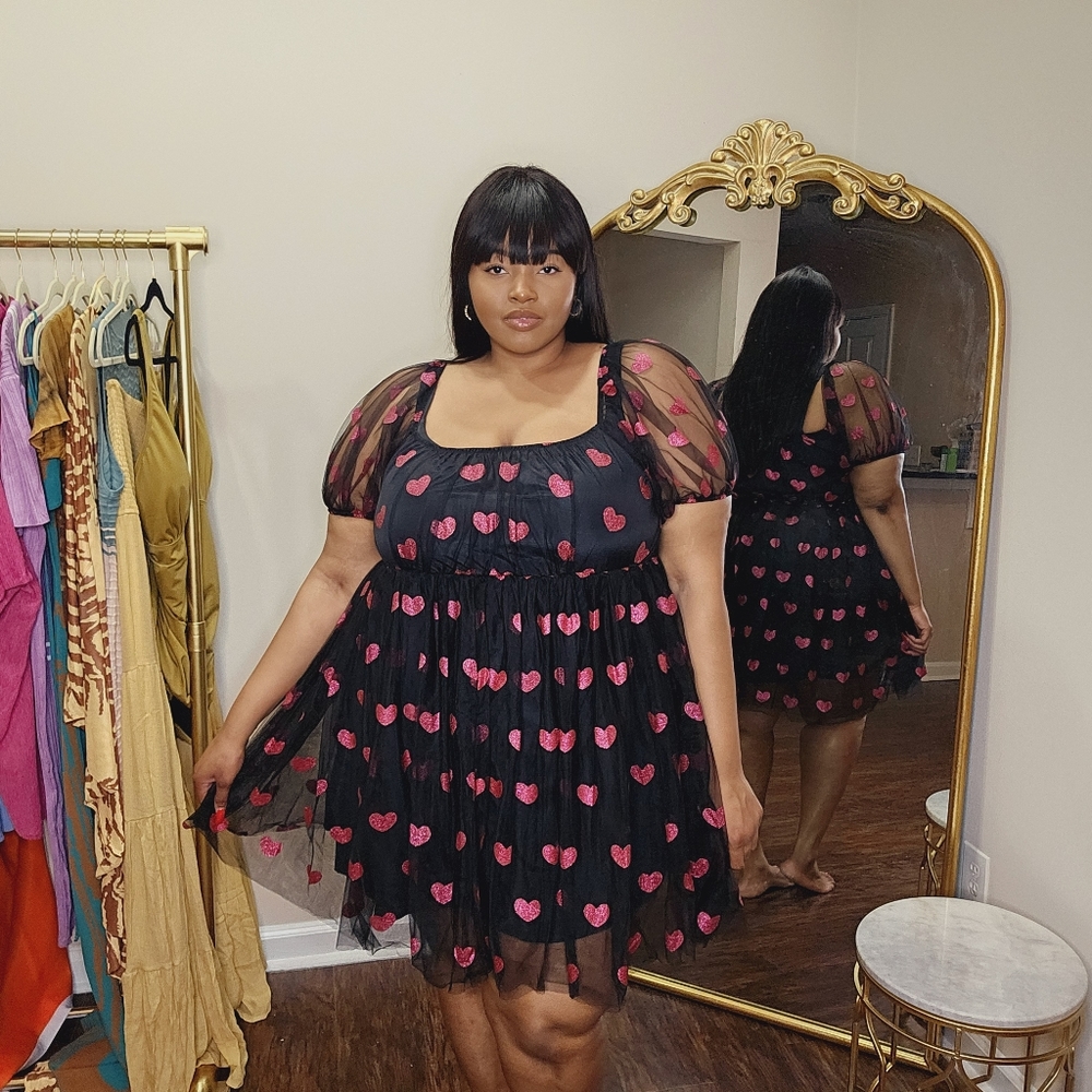 Plus Size Puff Sleeve Love Mesh Dress - Picture 7 of 9